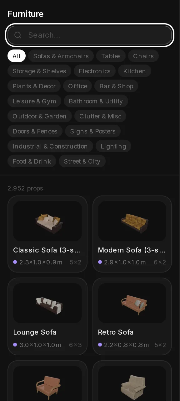The Furniture catalogue: a search field, 19 category chips, the count of 2,952 props and the first cards with a picture, name, size in metres and grid cells.