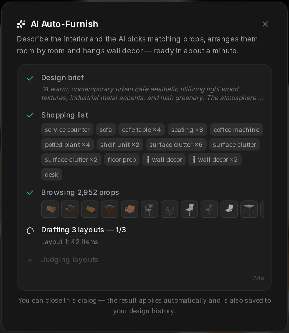 AI Furnish at work: a ticker of real steps, the design brief, the shopping list of props, browsing the 2,952 props and the layouts, with the seconds counting up.