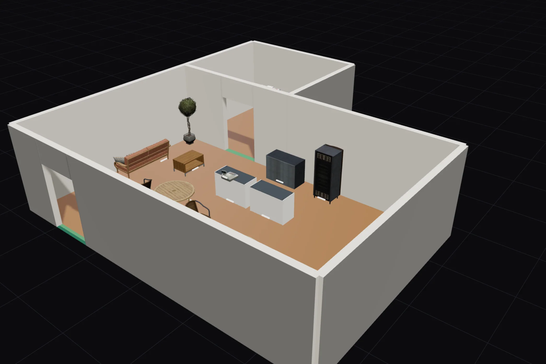The finished Corner Cafe in the 3D view: counters with a cash register, a fridge and a coffee machine behind them, a sofa corner, two round tables with bistro chairs, and the office with desk, chair, laptop and shelf.