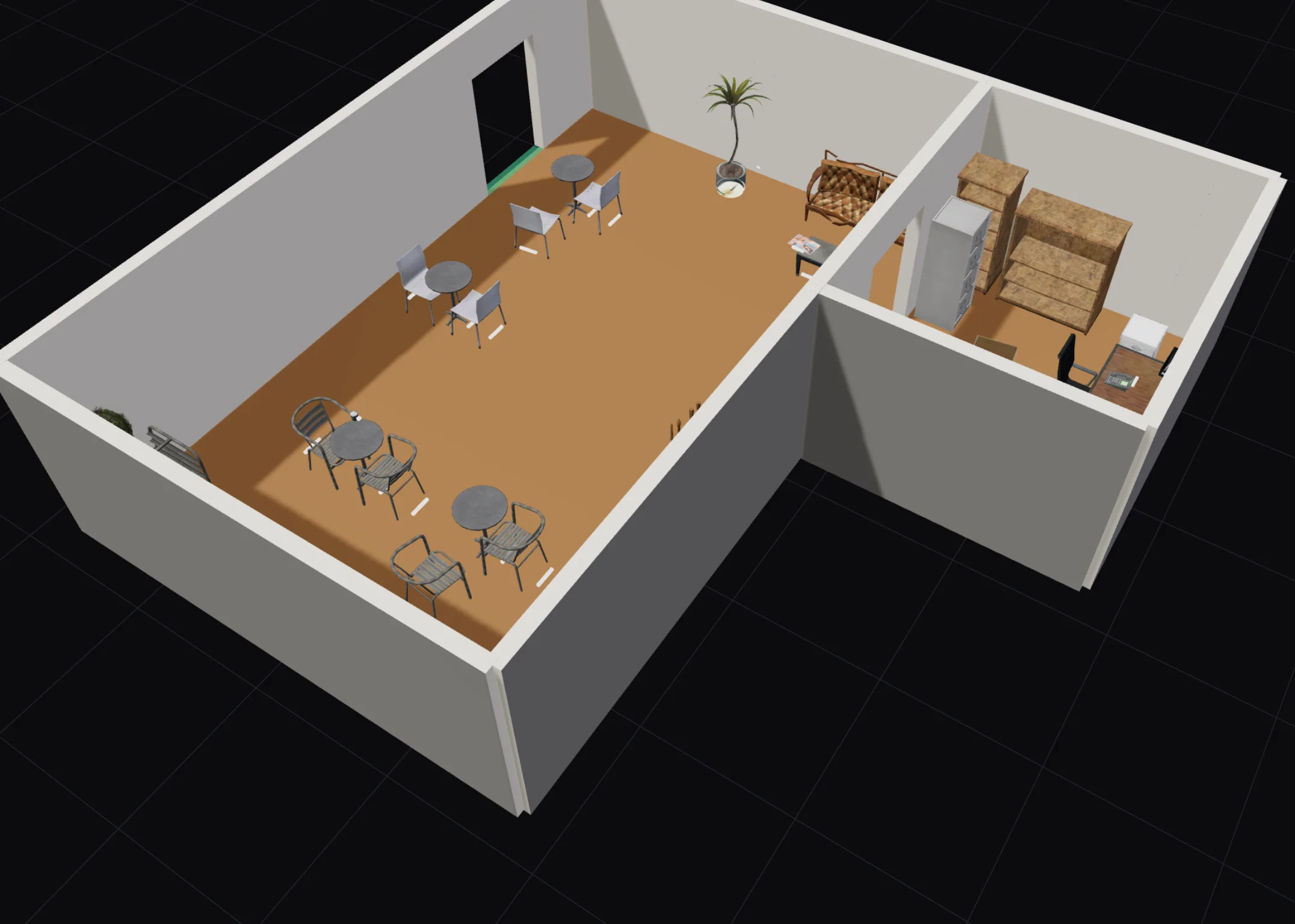 The Corner Cafe rooms after AI Furnish in the 3D view.
