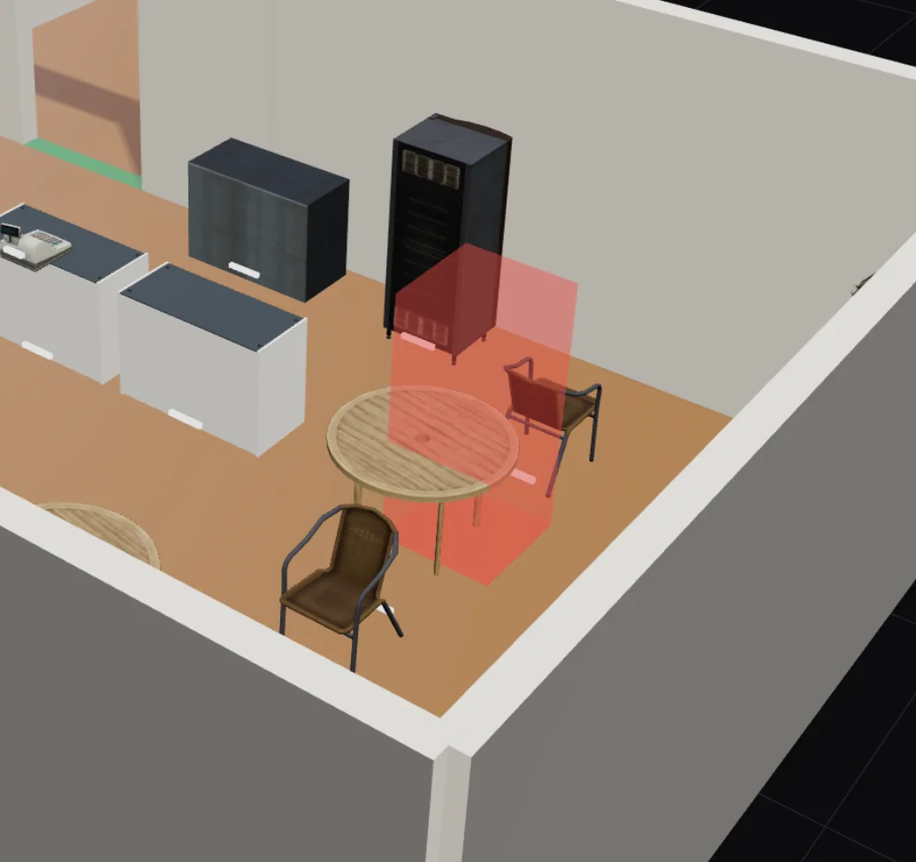 A red ghost of a house plant over the round table: the spot is taken, so a click does nothing.