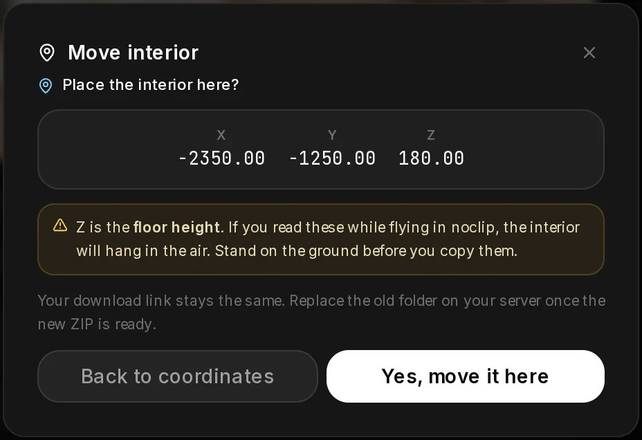 The last step of Move interior: the new coordinates in large type, the floor height warning, and Yes, move it here.