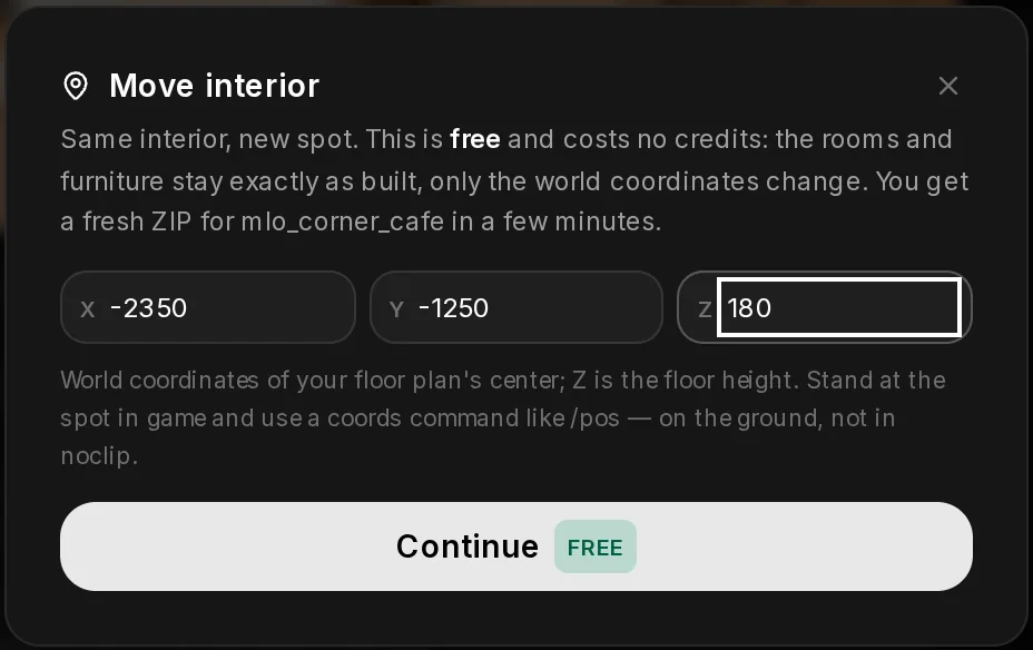The Move interior dialog: same interior, new spot, free and without credits, with X, Y and Z fields and Continue with a FREE badge.