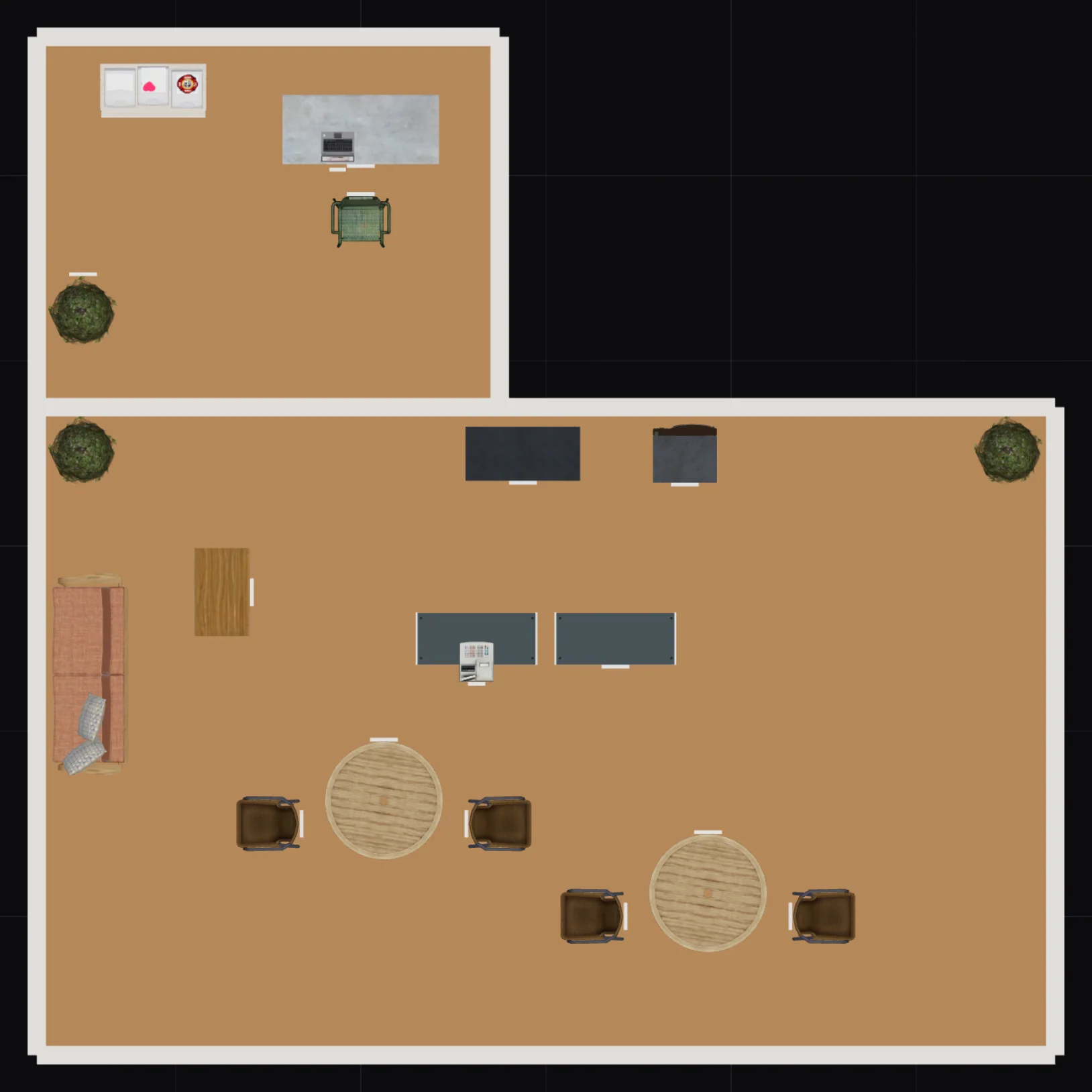 The Corner Cafe in the 2D plan: the cafe with counters, tables and the sofa corner at the bottom, the office with shelf, desk and chair above it.