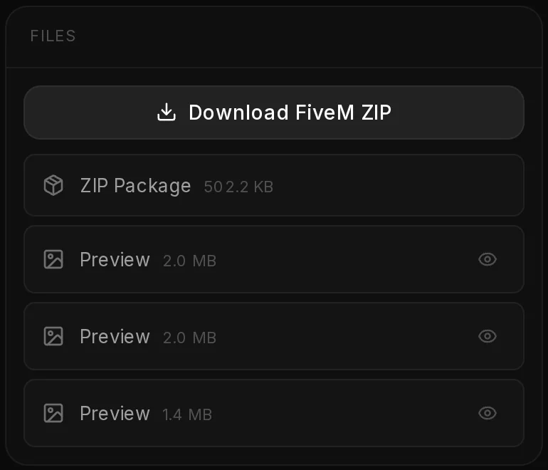 The Files card of the build page: Download FiveM ZIP, the ZIP package and the three preview renders with their sizes.