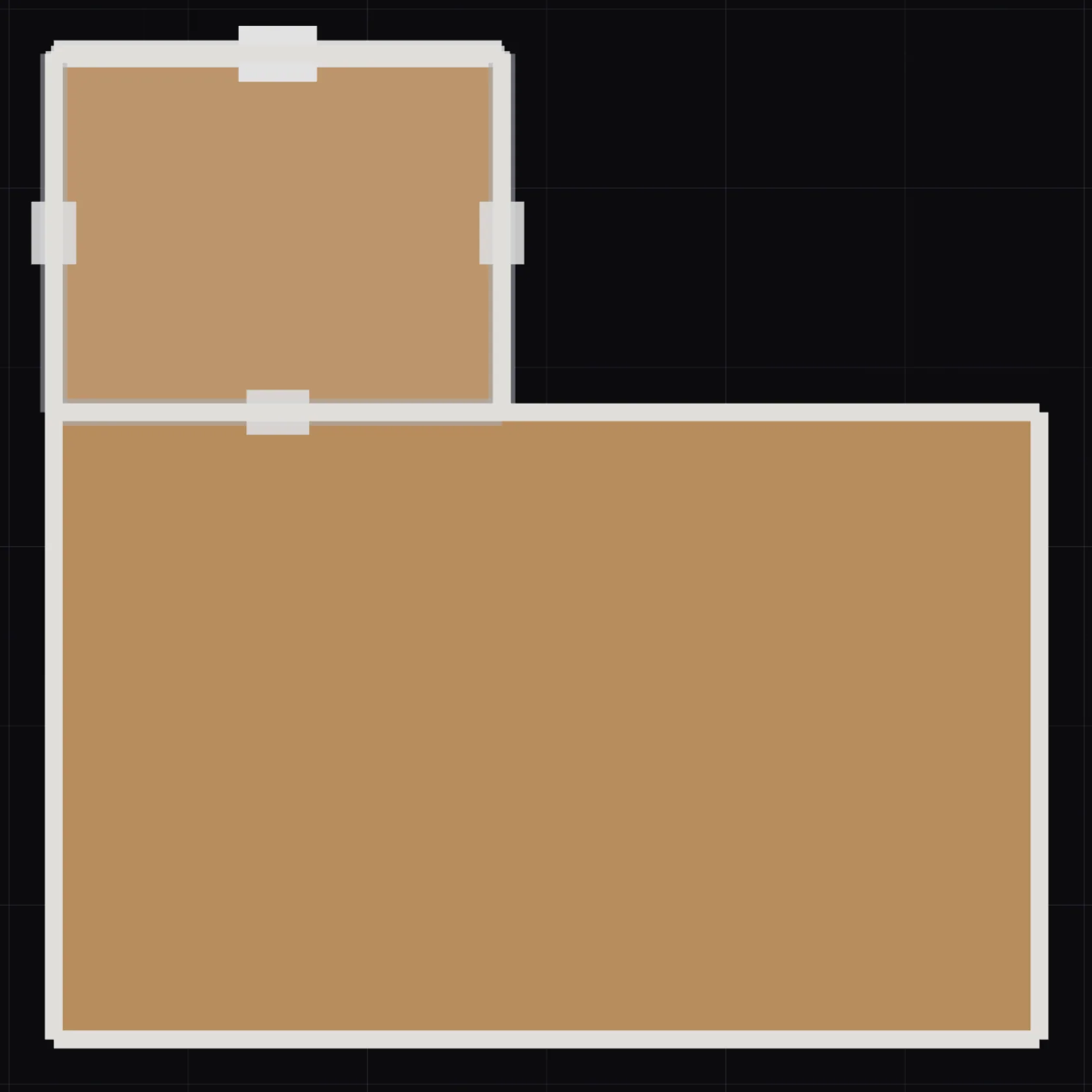 The two rooms in the 2D plan with the Rooms tool on: the cafe at the bottom, the new office above it, selected, with a grip bar on each wall.