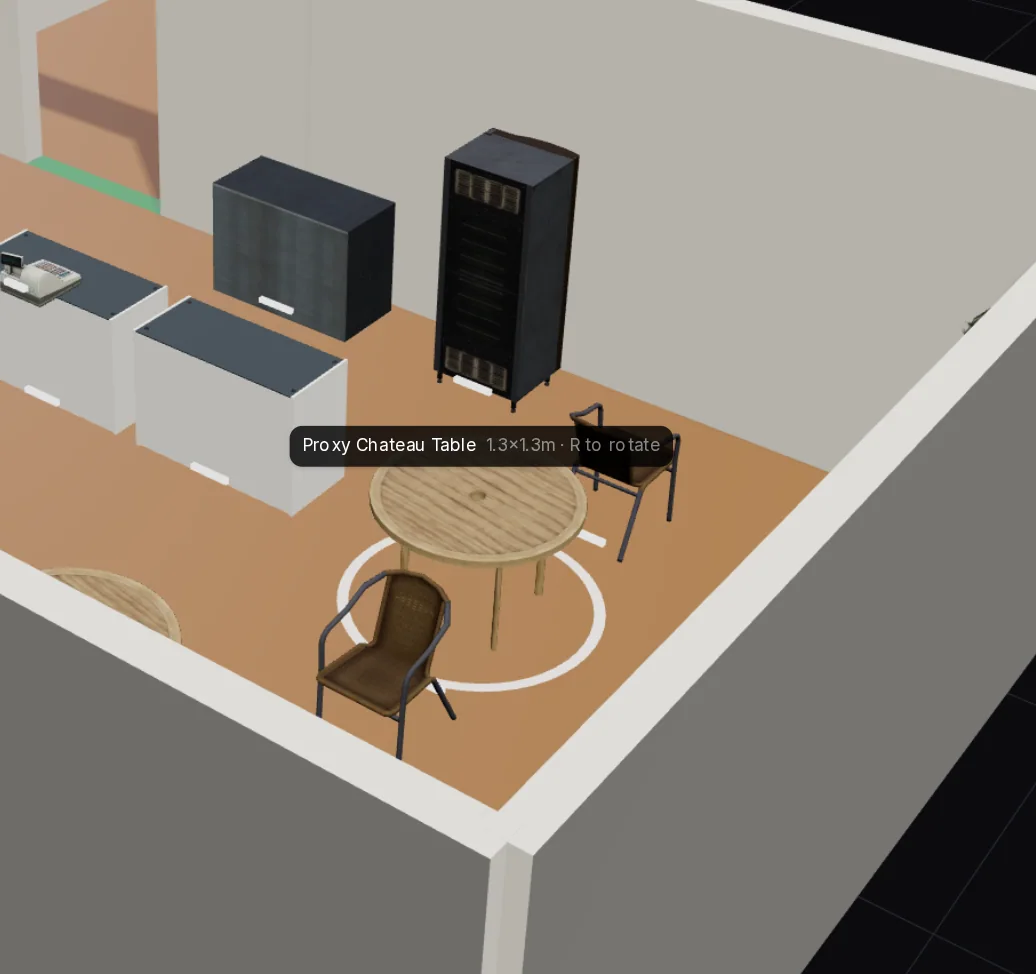 The selected round table in the 3D view: an orange ring around it and a label with its name, size and R to rotate.