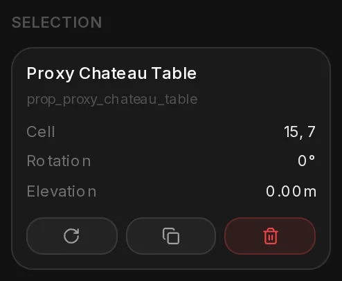 The Selection panel of a placed prop: its name and GTA model name, cell, rotation and elevation, and the buttons Rotate, Duplicate and Delete.