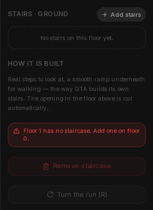 The Stairs panel on the ground floor: Add stairs, no stairs on this floor yet, how the stairs are built, and the red plan problem Floor 1 has no staircase.
