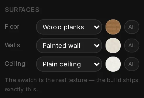 The Surfaces section of a room: a material and a colour swatch for the floor, the walls and the ceiling, each with All to copy it to every room of the floor.