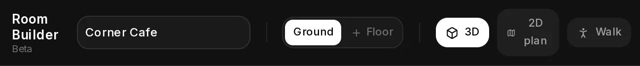 The left end of the builder toolbar: Room Builder, the design name Corner Cafe, the floor tabs Ground and + Floor, and the views 3D, 2D plan and Walk.