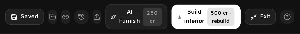 The right half of the builder toolbar: Saved, My designs, the walk link, version history, load project, AI Furnish, Build interior with its price, Exit and Help.