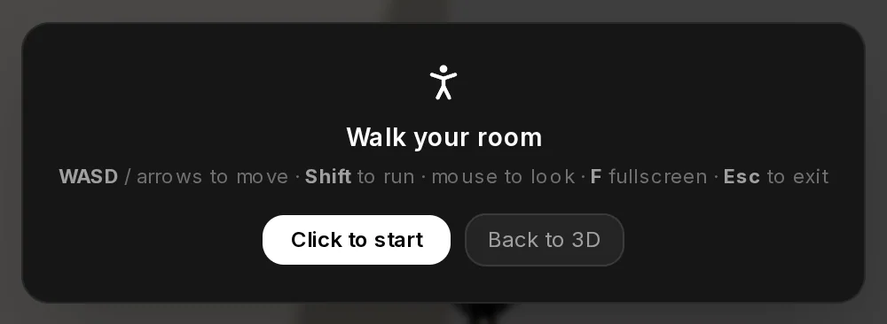 The Walk view before it starts: WASD or arrows to move, Shift to run, the mouse to look, F for fullscreen, Esc to leave, and Click to start.