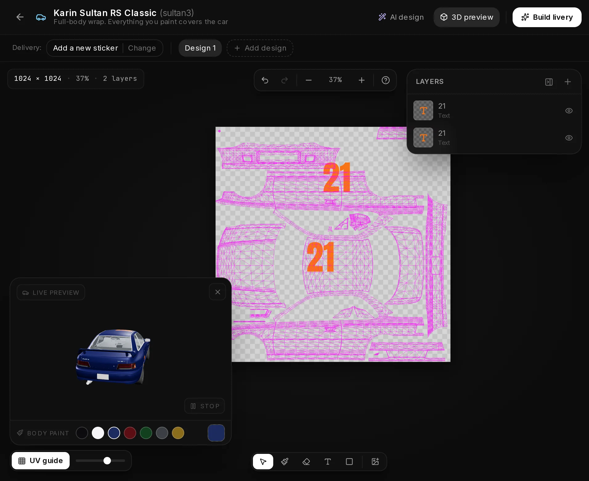 The Livery Studio editor in Add a new sticker mode: the Delivery bar with Design 1 and the Add design button.