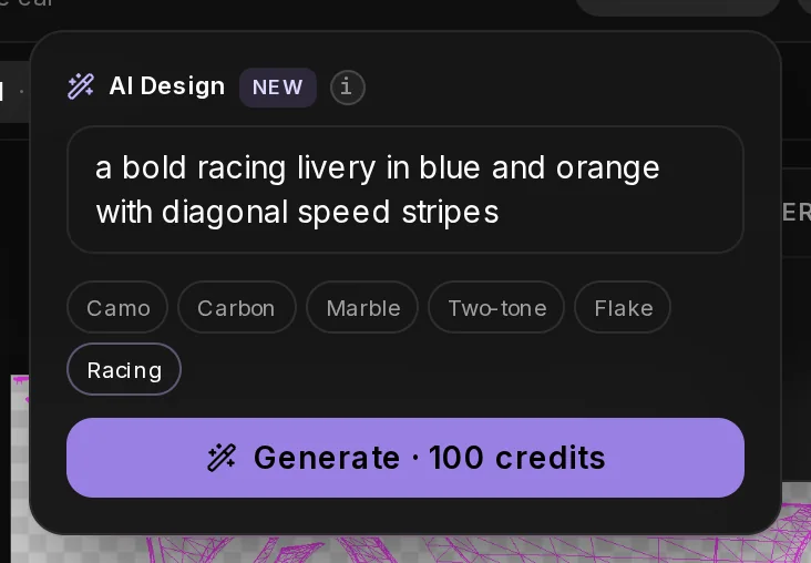 The AI Design panel of the Livery Studio with the Racing idea filled in, the six idea chips and the Generate button with its price.