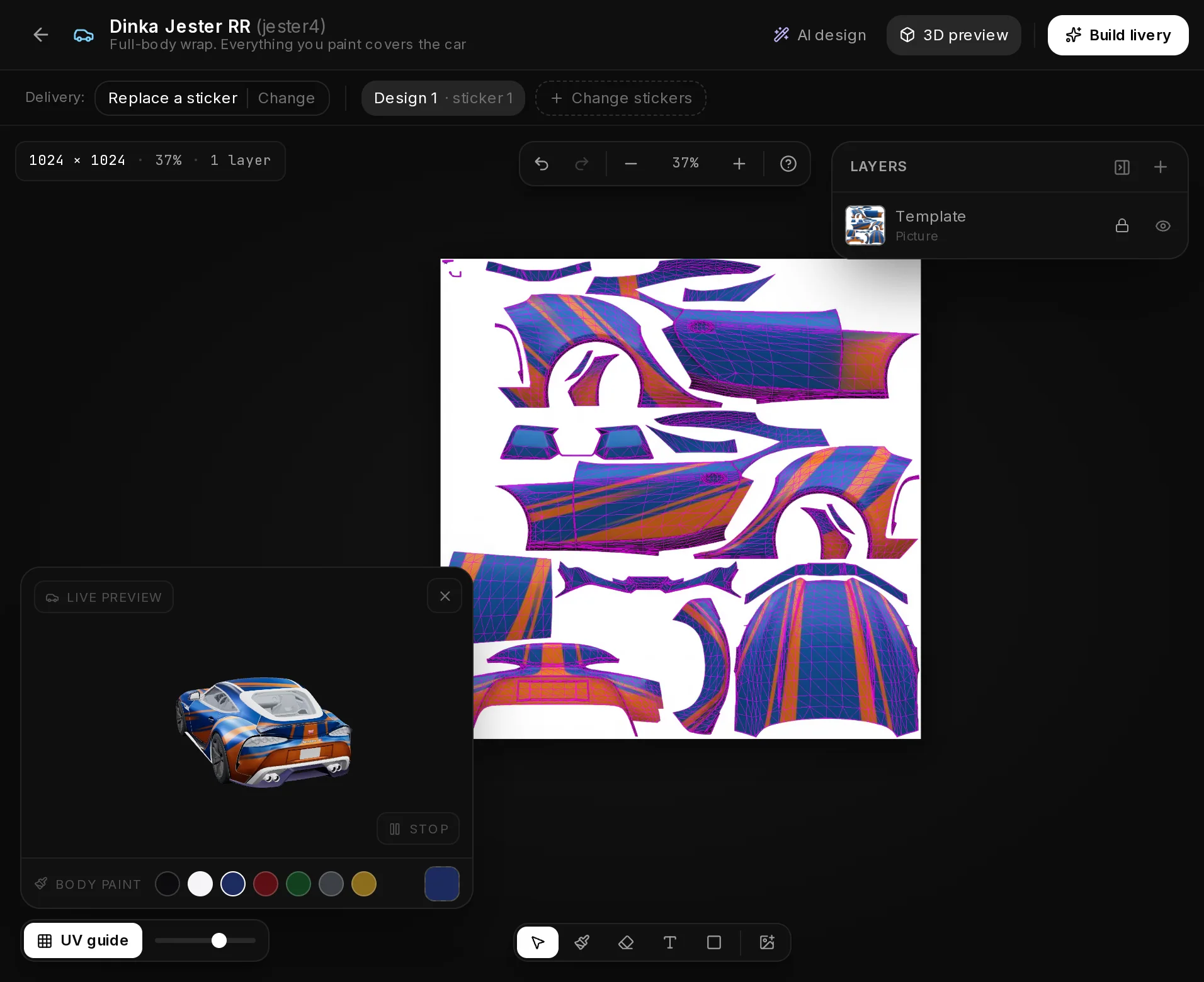 The Dinka Jester RR in the Livery Studio after AI design: the racing design on the texture as the Template layer and on the 3D preview.