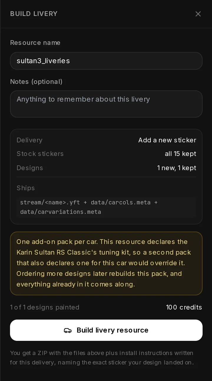 The Build livery panel for an Add a new sticker pack: the summary keeps all 15 stock stickers and a warning explains the one add-on pack per car rule.