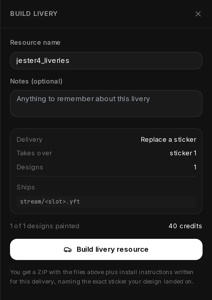 The Build livery panel for a Replace a sticker pack: resource name, notes, the summary with sticker 1 taken over, the price and the Build livery resource button.