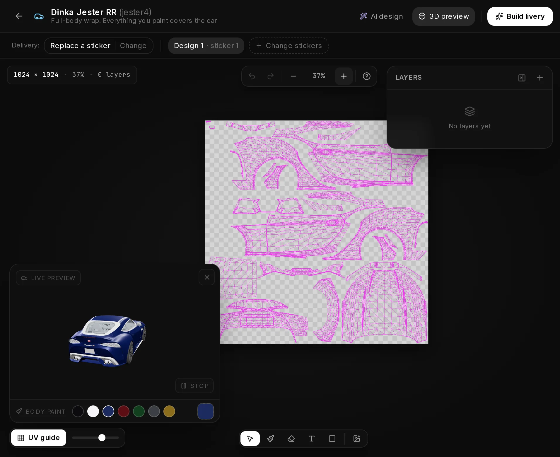 The Livery Studio editor on a fresh design: an empty canvas with the magenta UV guide, the Delivery bar with Design 1 on sticker 1, and the live 3D preview in plain body paint.