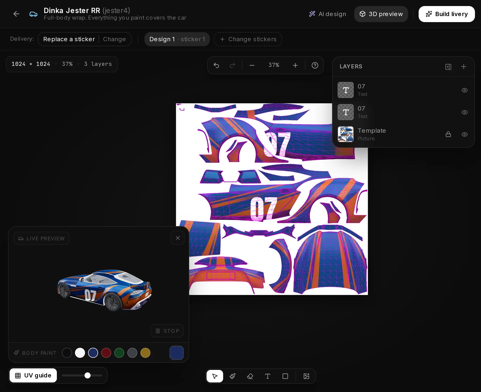 The Livery Studio editor with a finished design: the texture in the middle, tools at the bottom, layers on the right, the 3D preview bottom left and AI design, 3D preview and Build livery in the header.