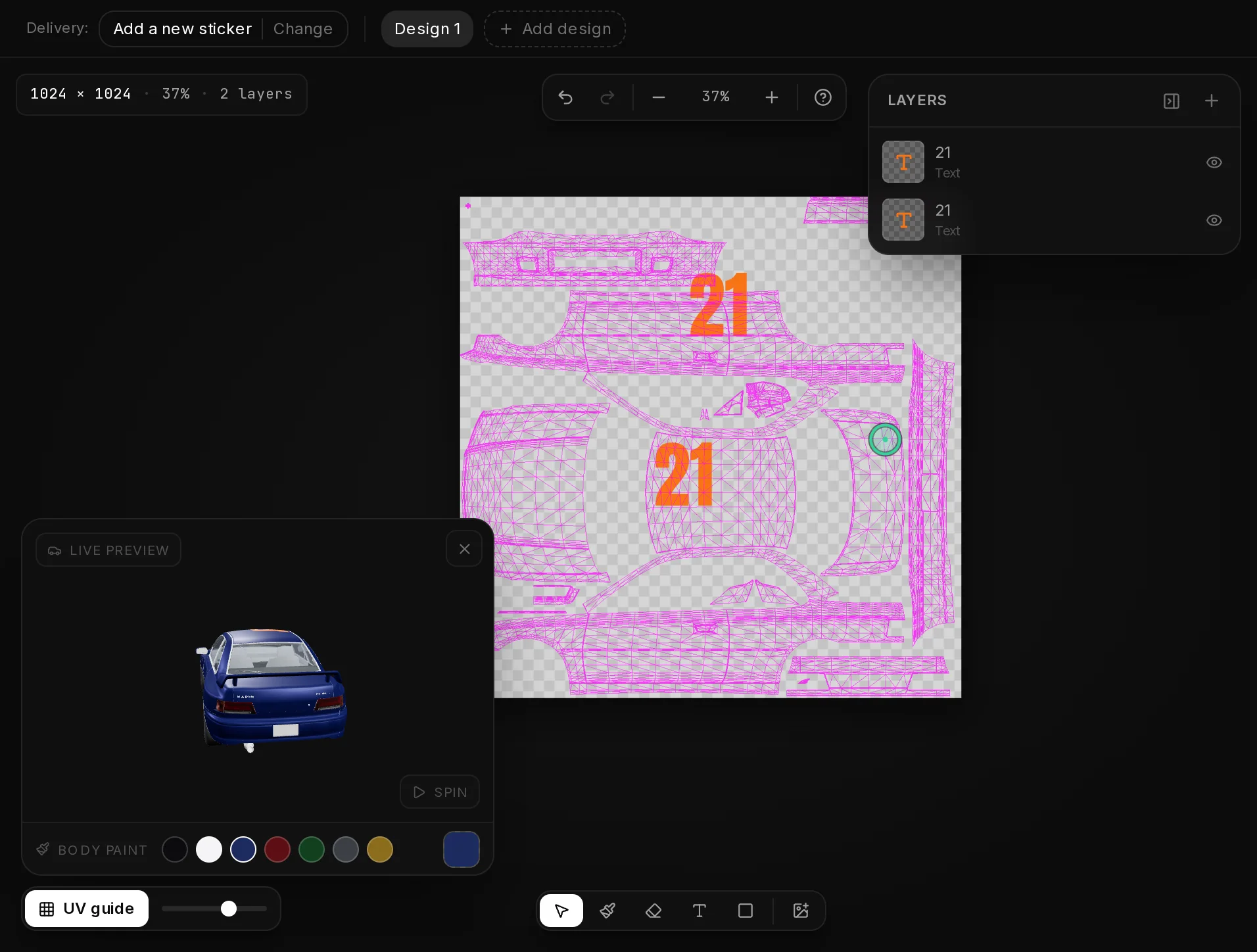 A click on the Karin Sultan RS Classic in the 3D preview marks the matching point on the livery texture with a green ring.