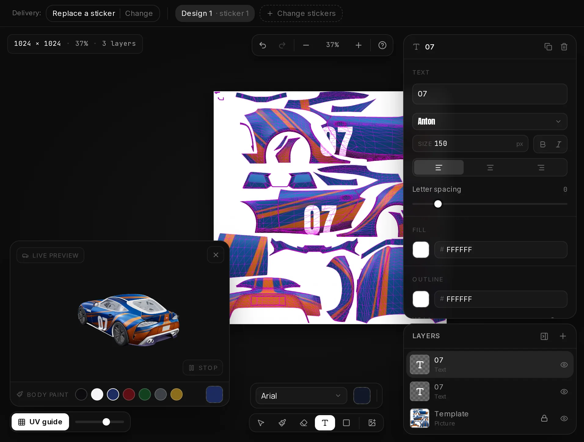 A white "07" text layer on the side panel of the Dinka Jester RR texture, with the text settings on the right.