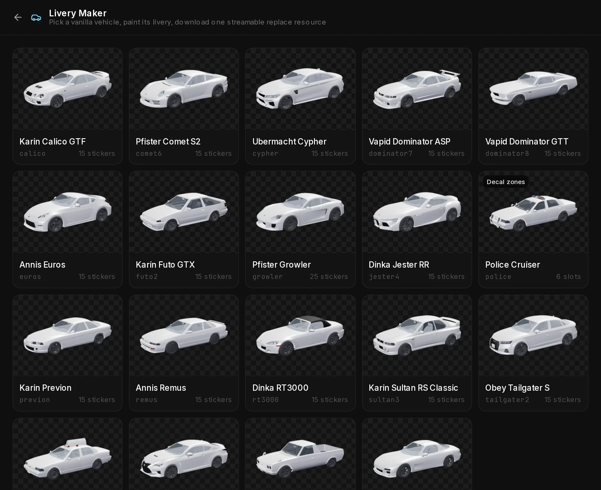 The Livery Studio vehicle gallery: 19 GTA V vehicles, each card with its name, spawn name and number of stock stickers or livery slots.