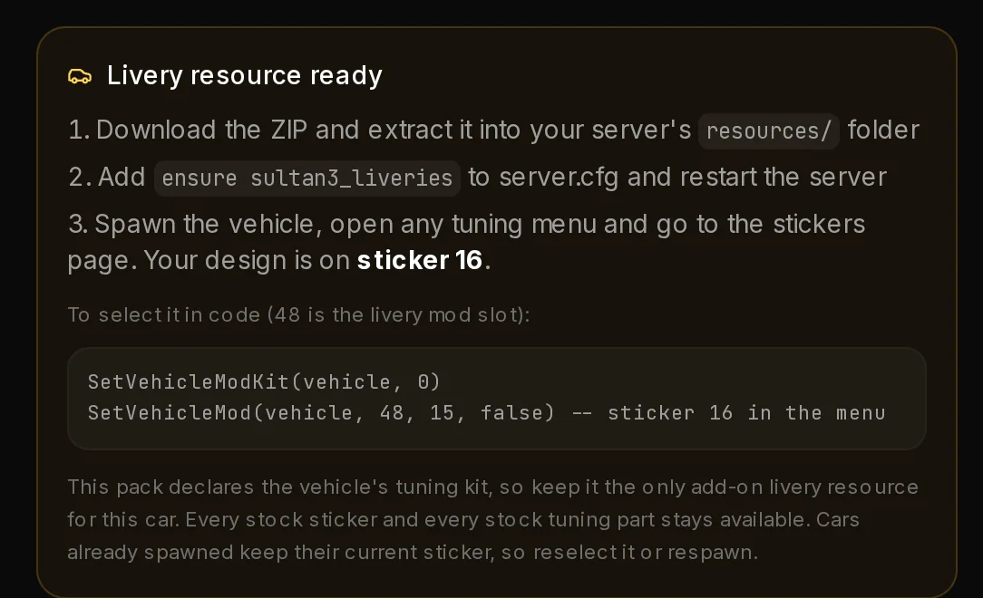 The Livery resource ready card on the result page of a Add a new sticker pack, with the install steps written for that mode.