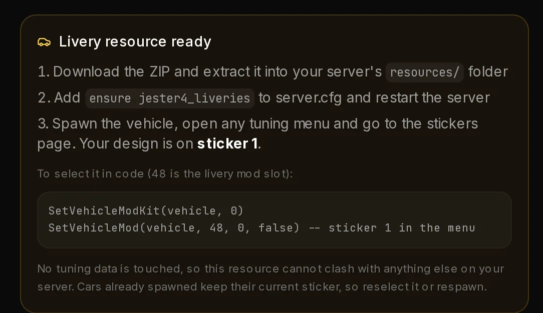 The Livery resource ready card on the result page of a Replace a sticker pack, with the install steps written for that mode.