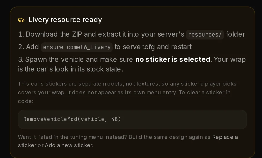 The Livery resource ready card on the result page of a Always-on wrap pack, with the install steps written for that mode.
