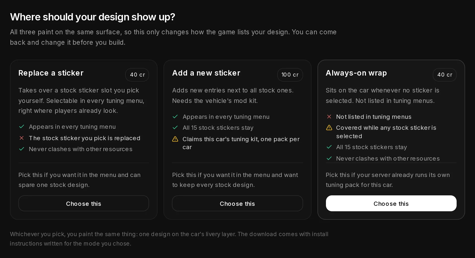 The delivery step of the Livery Studio: three cards, Replace a sticker for 40 credits, Add a new sticker for 100 credits and Always-on wrap for 40 credits.