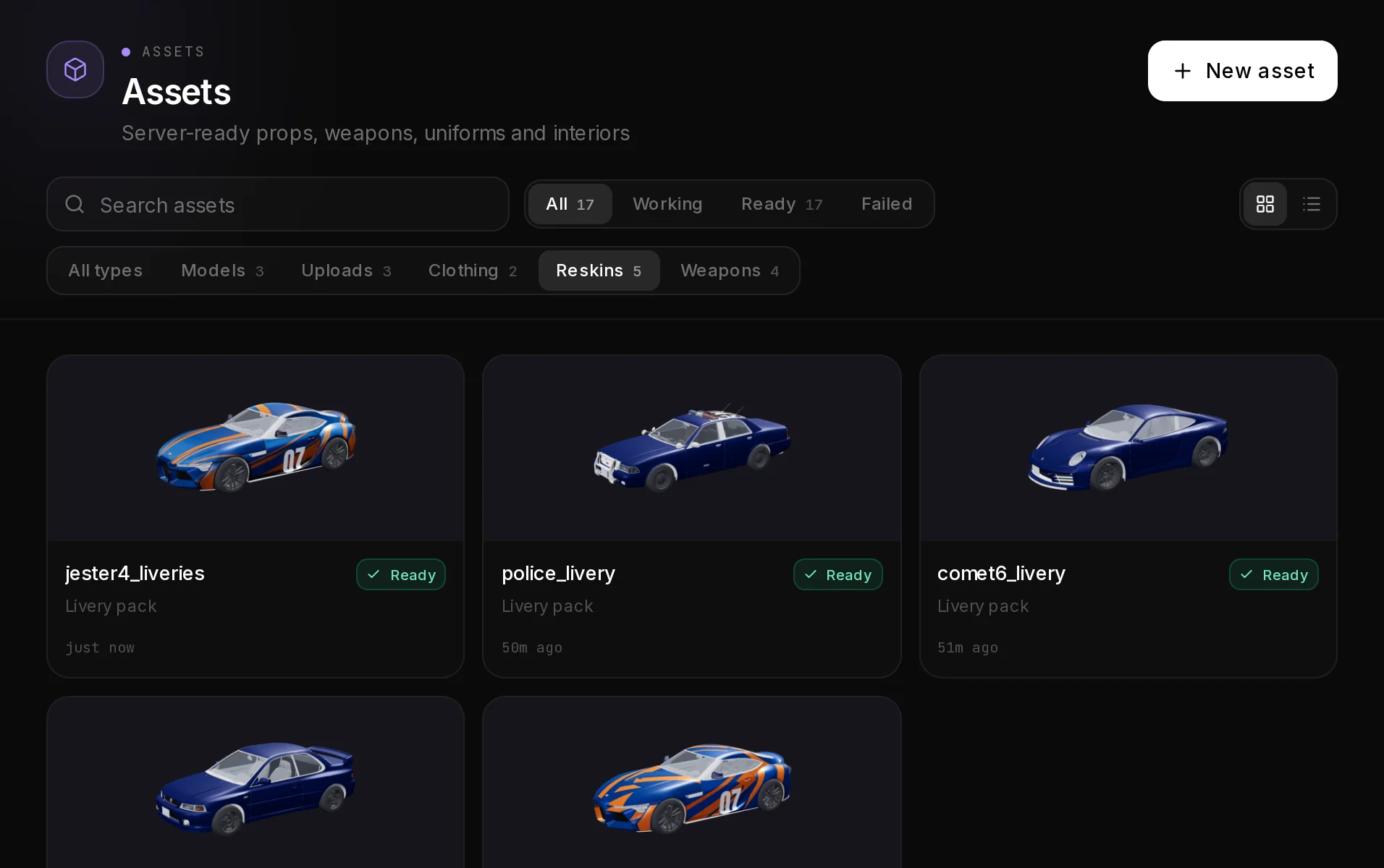My assets filtered to Reskins, listing the finished Livery Studio packs of the docs run.
