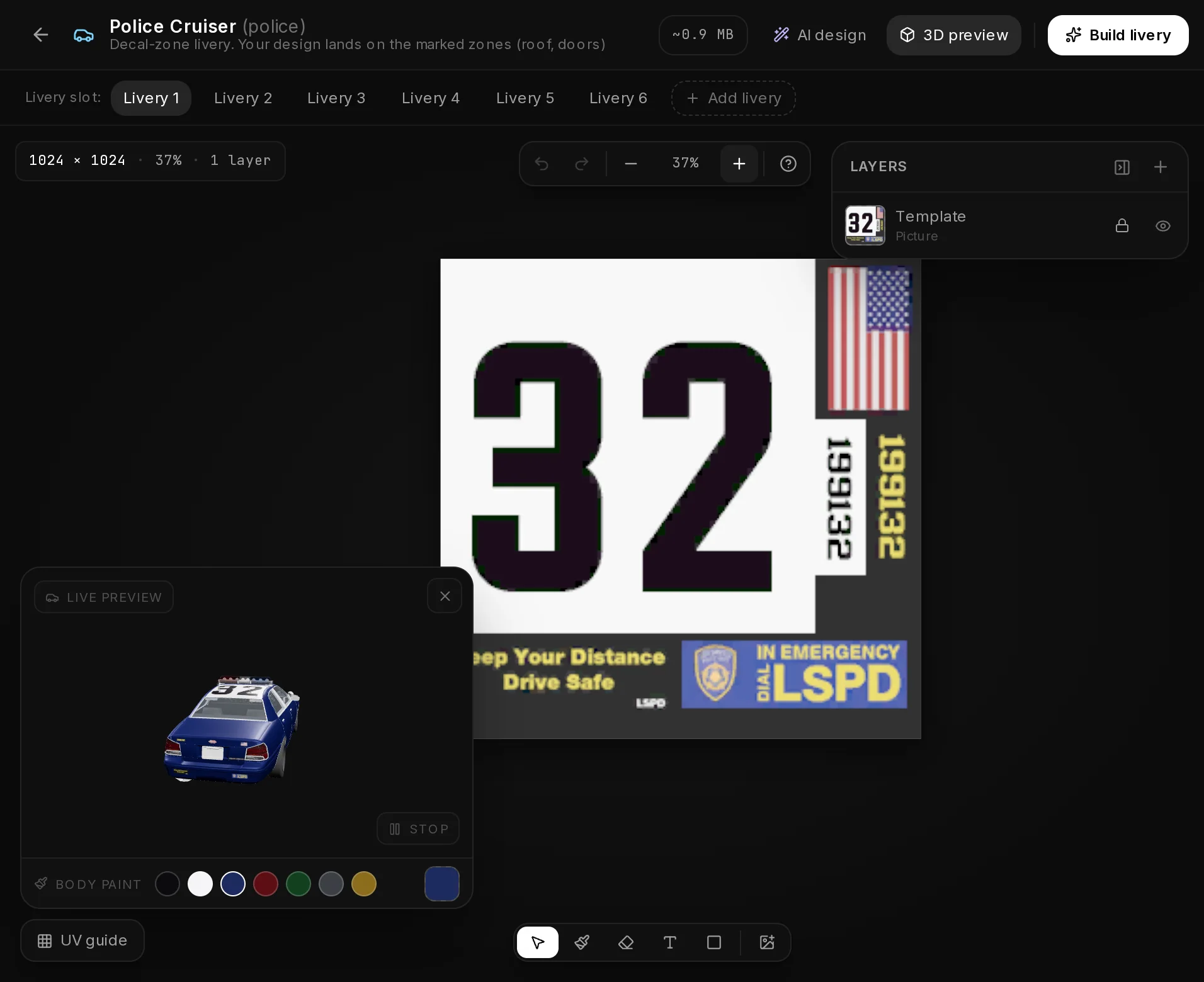 The Police Cruiser in the Livery Studio: no mode step, a Livery slot bar with Livery 1 to 6 and Add livery, and the stock decal template on the canvas.
