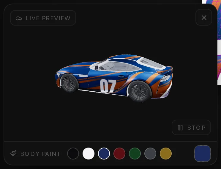 The live 3D preview of the Livery Studio with the Stop button and the Body paint swatches under the car.