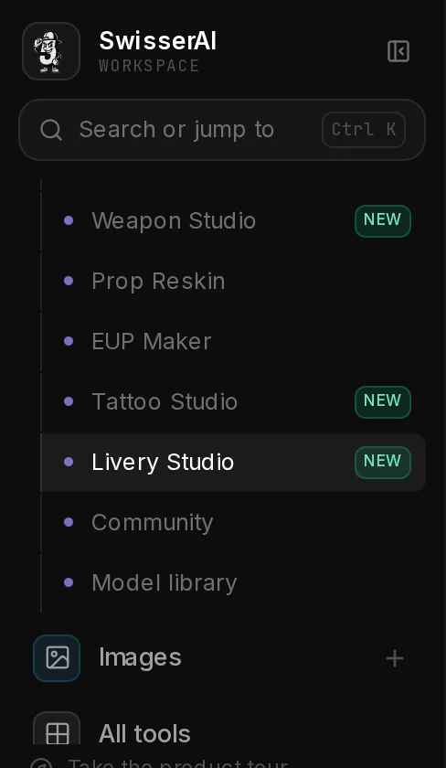 The SwisserAI sidebar with the Assets area open and Livery Studio in its list.