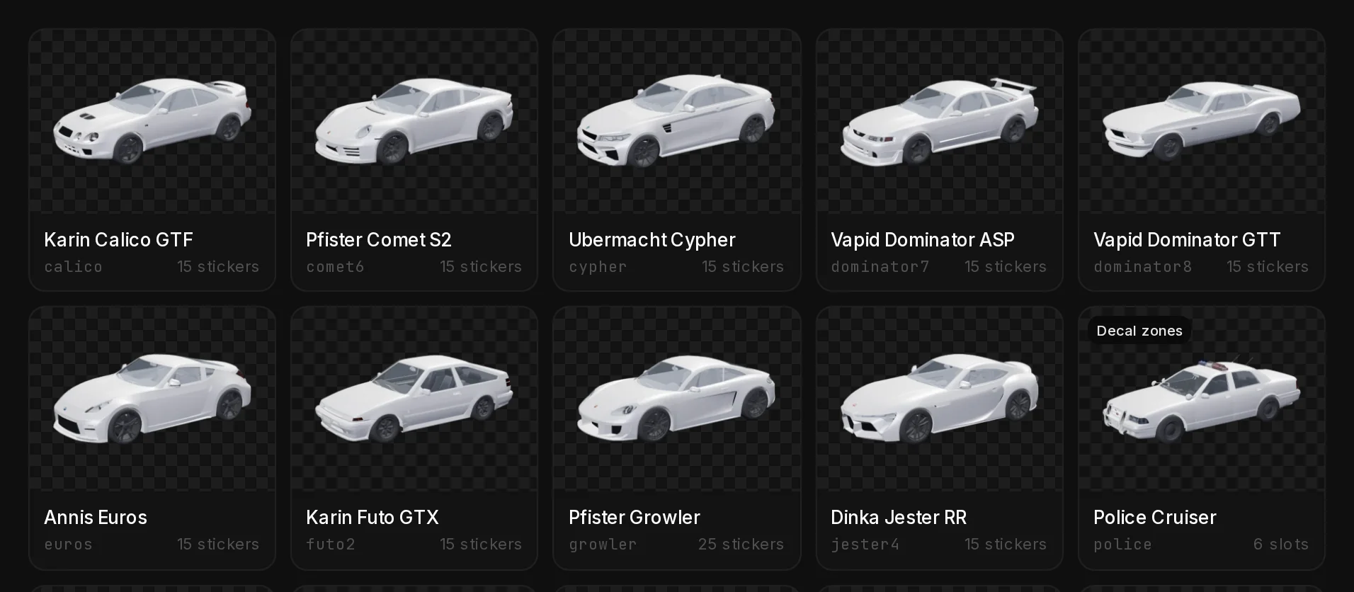 The vehicle gallery of the Livery Studio with the Dinka Jester RR card among the tuner cars.