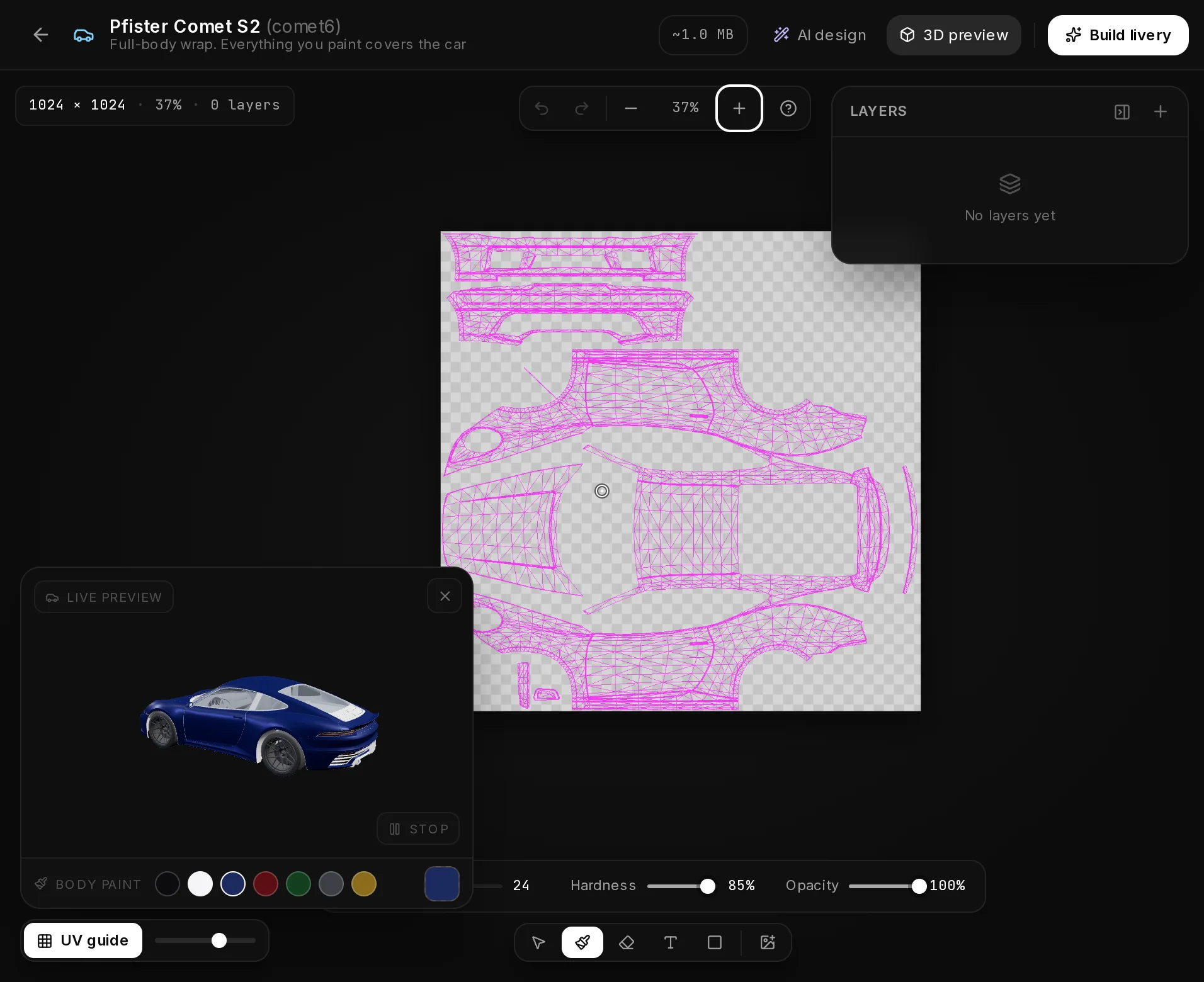 The Livery Studio editor in Always-on wrap mode: no Delivery bar, and a memory estimate of the finished file next to AI design in the header.
