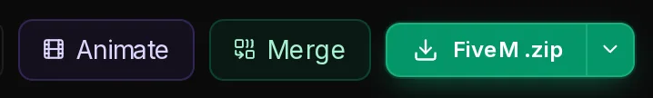 The buttons at the top of the boombox asset page: Animate, Merge and FiveM .zip.