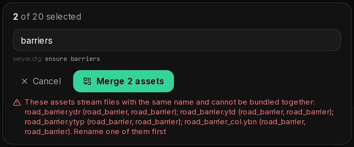 The merge bar with two road_barrier assets picked and the red message that they stream files with the same name.