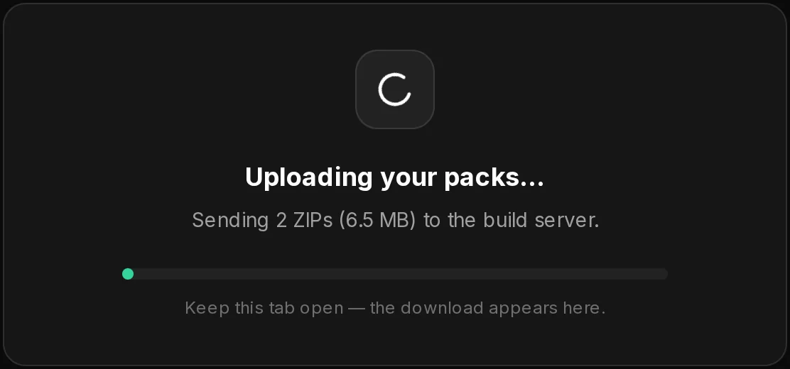 The EUP Merger while it works: Uploading your packs, a progress bar and the note to keep the tab open.