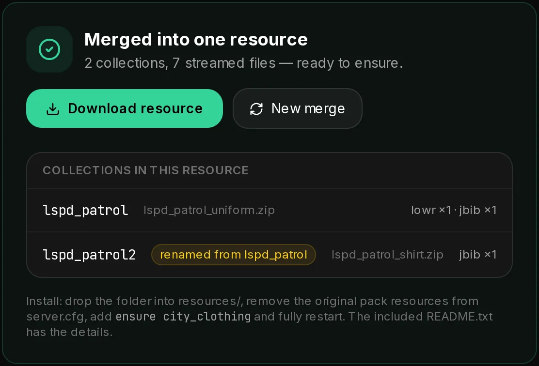 The finished EUP merge: Merged into one resource, the collections lspd_patrol and lspd_patrol2 (renamed from lspd_patrol), notes and the install line.