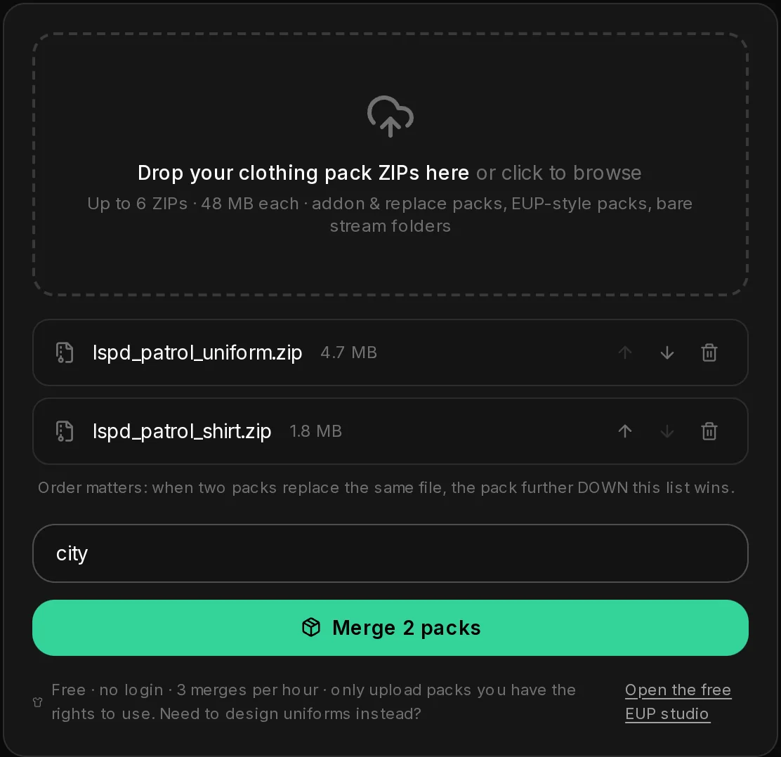 The EUP Merger with two pack ZIPs listed, the note that the pack further down wins, the resource name city and Merge 2 packs.