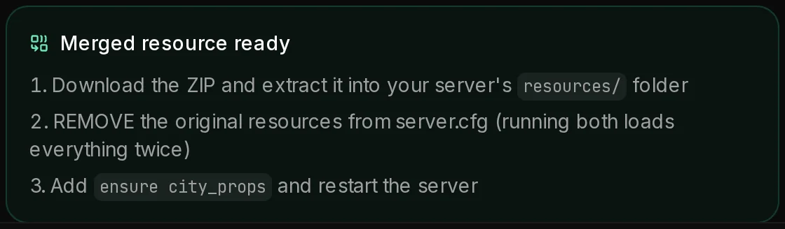 The Merged resource ready card: extract the ZIP into resources, remove the original resources from server.cfg, add ensure city_props and restart.