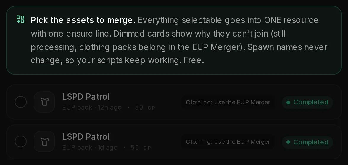 My assets in merge mode, filtered to LSPD: the green hint on top and two EUP packs, dimmed with Clothing: use the EUP Merger.