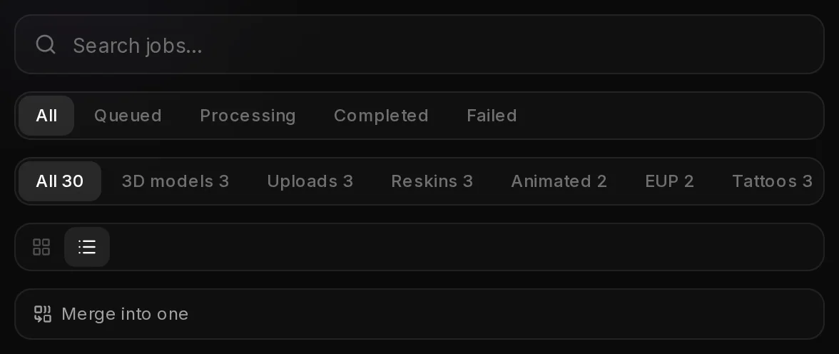 The toolbar of My assets at a narrow window: search, the type filters and Merge into one.