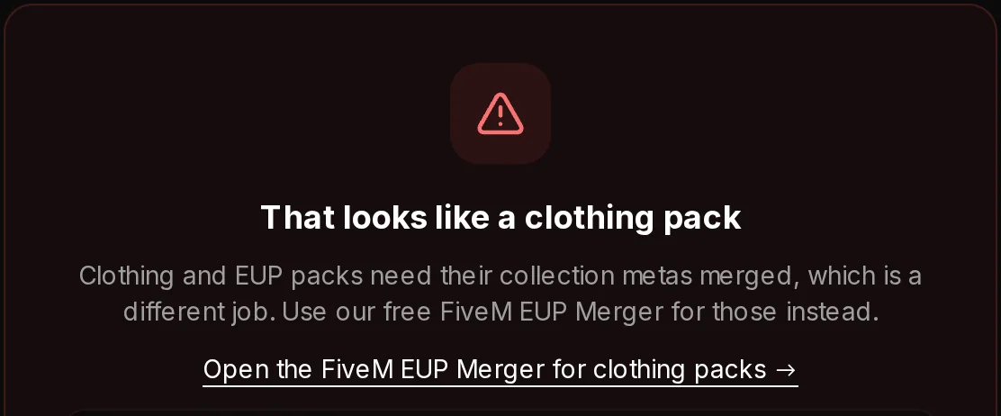 The upload Resource Merger refusing a merge: That looks like a clothing pack, with a link to the EUP Merger.