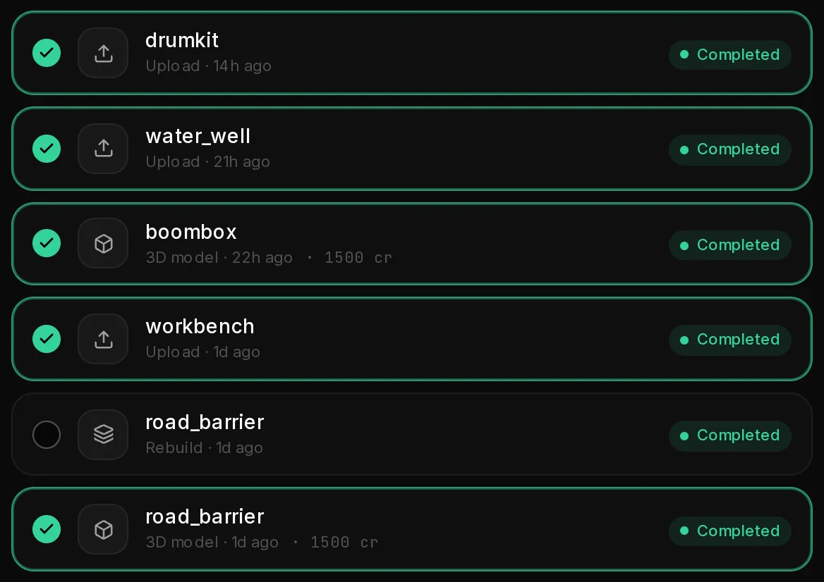 Rows picked for the merge: drumkit, water_well, boombox, workbench and the 3D model road_barrier have a green check, the rebuilt road_barrier is left out.