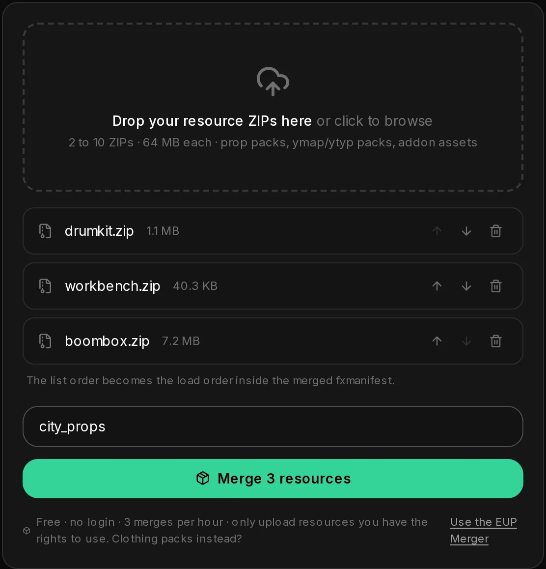 The upload version of the Resource Merger with three resource ZIPs listed, the resource name city_props and Merge 3 resources.