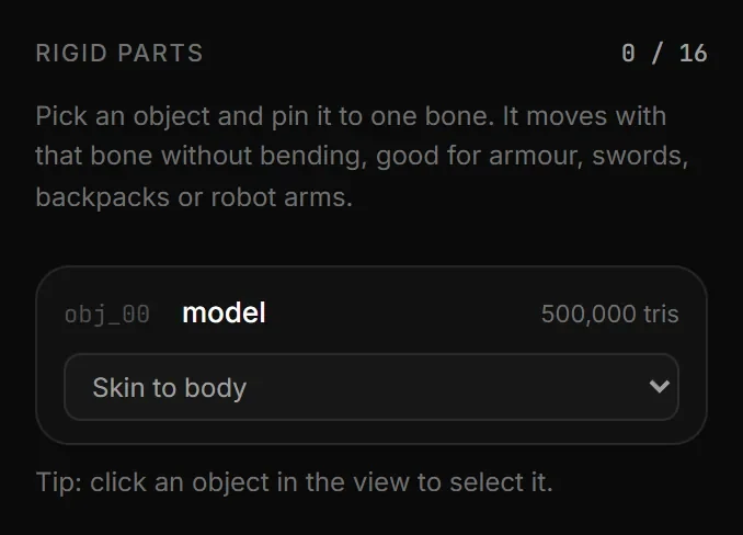 The Attachments step of the Ped Creator: Rigid parts with the counter, and one card per object of the file with its triangles and a bone list set to Skin to body.