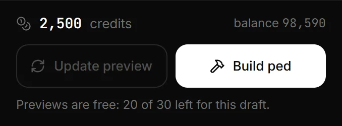 The footer of the Ped Creator settings: 2,500 credits with your balance, Update preview, Build ped, and the line saying how many free previews are left.